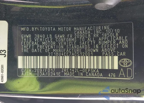 2010 Toyota Corolla S from USA, damaged, VIN 2T1BU4EE7AC512001